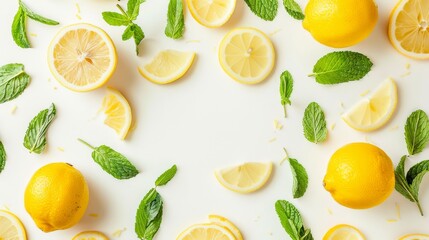 Lemons and Mint Leaves on a White Surface