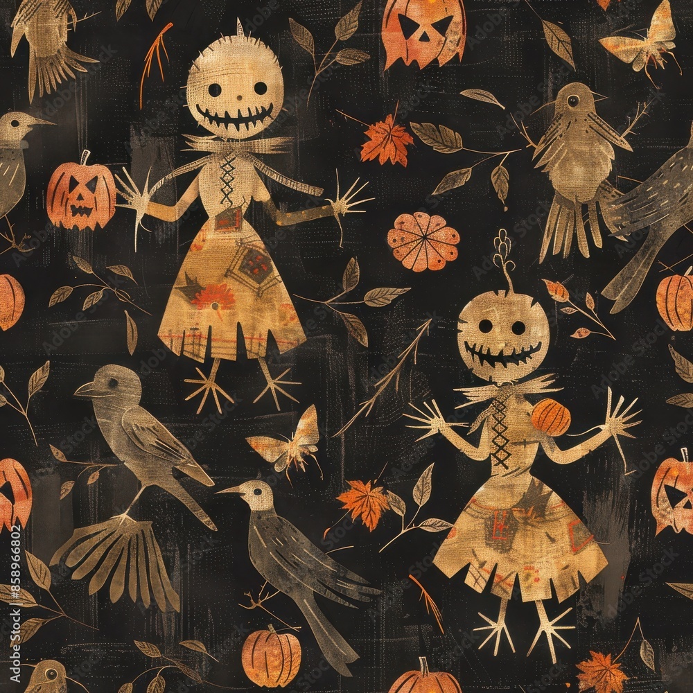 Poster a halloween themed pattern with a girl and a scarecrow. the pattern is black and orange. the girl is