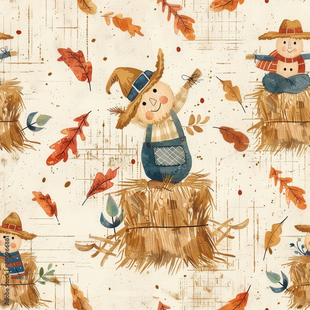 Poster A pattern of pumpkins and leaves with a scarecrow in the middle. The scarecrow is smiling and holding a basket