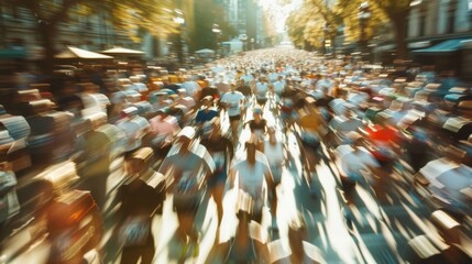 Obraz premium Soft focus captures the energy of the city marathon as runners push through the crowded course.