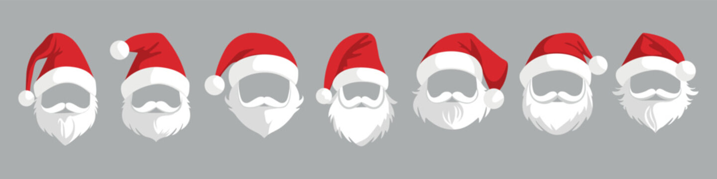 Set of Santa Claus hats. Red Santa hats with beard and mustache.