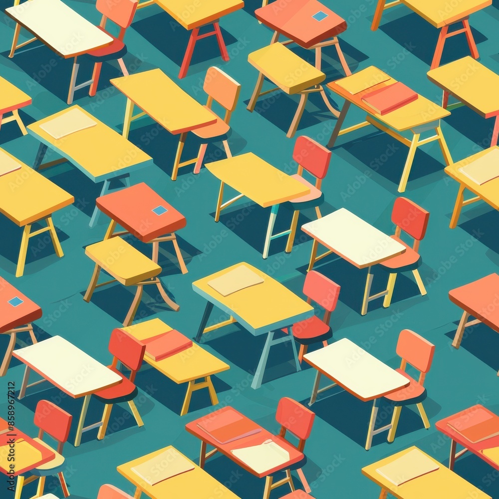 Aufkleber a pattern of school desks and chairs with a blue background. the desks and chairs are all different 