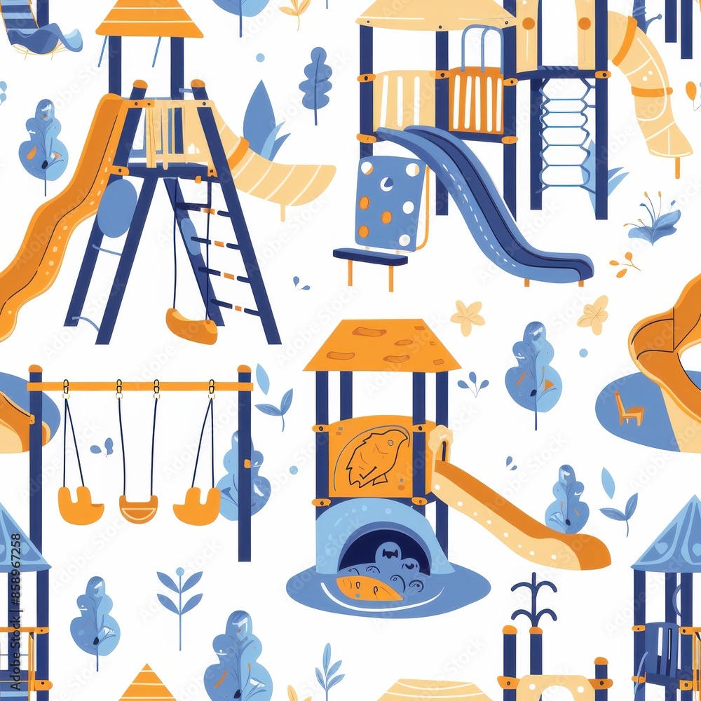 Poster a colorful and playful scene of a playground with swings, slides, and other play equipment. the imag