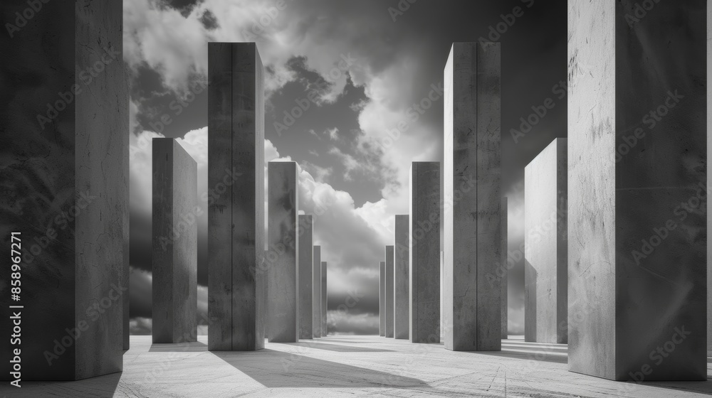 Poster a monochromatic scene featuring sleek and angular pillars looming against a cloudy sky.