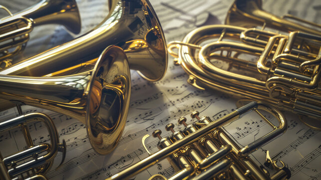 A collection of brass instruments laid out on sheet music, each piece showcasing its polished surface and detailed craftsmanship.