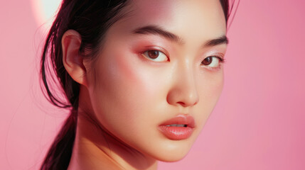 Fototapeta premium Close-up portrait highlighting the soft, natural beauty of a woman with a subtle, rosy makeup look against a pink background.