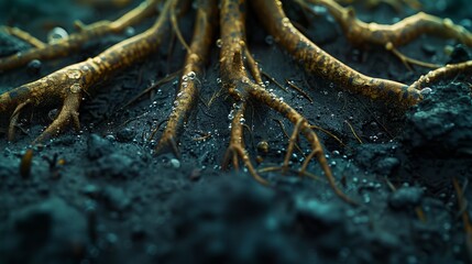 Visible plant roots with moisture, artistically merged with digital elements, highlighting detailed textures and vivid color contrast