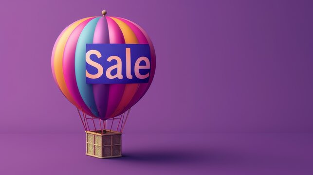 Summer time concept with "sale" text of colorful hot air balloon floating on purple background,shopping online concept.
