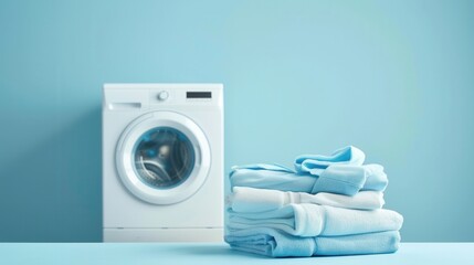 A stack of neatly folded clean laundry sits beside a white washing machine in a blue room. Generative AI