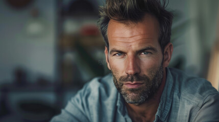 Obraz premium A rugged man with piercing eyes gazes intensively, conveying depth and introspection against a blurred indoor background.