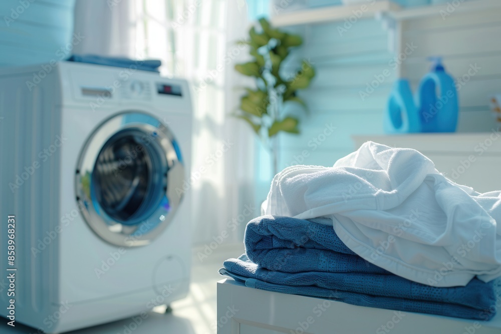 Poster A close-up view of freshly laundered clothes neatly folded and stacked on a counter in a bright bathroom next to a washing machine. Generative AI