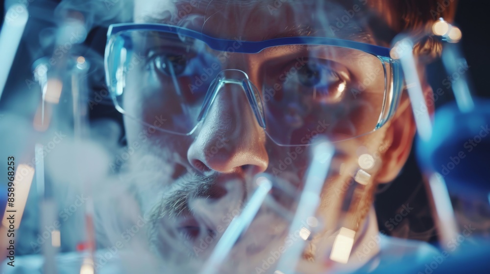 Poster close-up of a scientist in a lab with smoke and test tubes