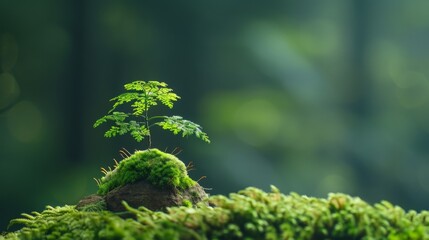 A Tiny Sapling Growing on Mossy Rock