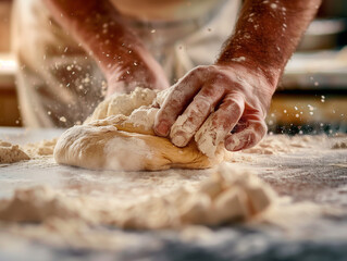 baker passionately kneading dough on a flour-dusted countertop, meticulous and artisanal, in the style of mastery, with warm and inviting tones, close-up shot, stock photo