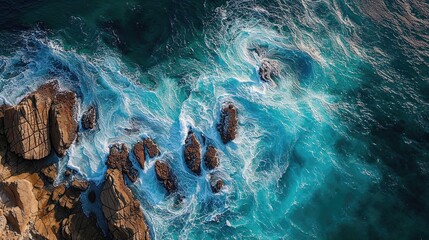 Dramatic Overhead Shot of Rugged Coastline with Rocks and Crashing Waves. Nature Background.