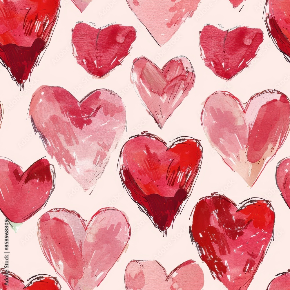Poster this image showcases a seamless pattern of red and pink watercolor hearts on a white background. the