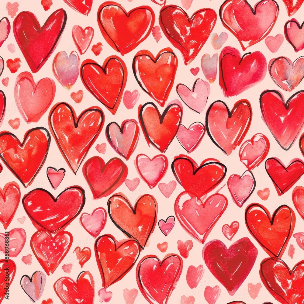 Poster a repeating pattern of red and pink watercolor hearts of various sizes on a pink background. the hea