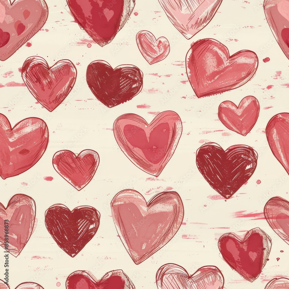 Fototapete This image features a seamless pattern of hand-drawn red hearts on a light background. The hearts are of various sizes and shapes, with some being more filled in than others. The background has a subt