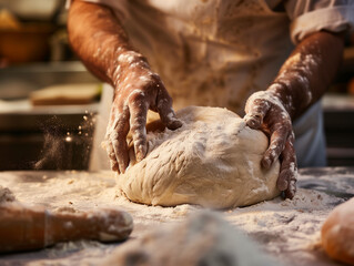 baker passionately kneading dough on a flour-dusted countertop, meticulous and artisanal, in the style of mastery, with warm and inviting tones, close-up shot, stock photo
