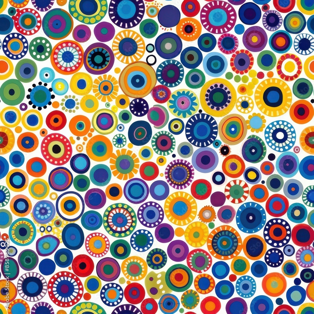 Poster This image features a seamless pattern of colorful circles and rings against a white background. The circles are arranged in a random order and come in a variety of sizes and patterns, creating a visu
