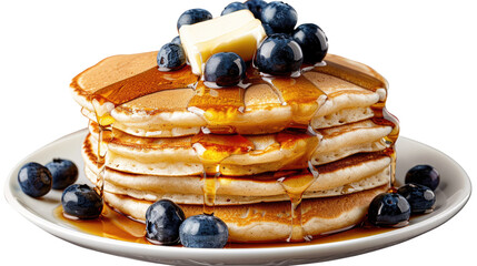Photograph of a stack of fluffy buttermilk pancakes, drizzled with maple syrup and topped with a pat of butter and fresh blueberries, on a transparent background.