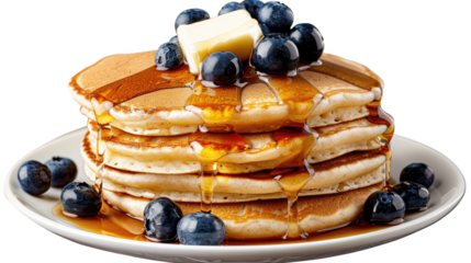 Photograph of a stack of fluffy buttermilk pancakes, drizzled with maple syrup and topped with a pat of butter and fresh blueberries, on a transparent background.