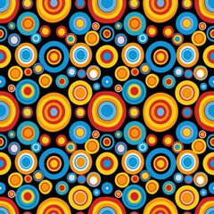 This image features a repeating pattern of colorful concentric circles on a black background. The circles are in various sizes and colors, including red, orange, yellow, blue, and white. The pattern i