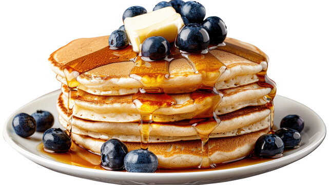 Photograph of a stack of fluffy buttermilk pancakes, drizzled with maple syrup and topped with a pat of butter and fresh blueberries, on a transparent background.