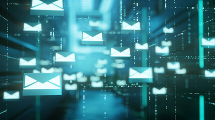 Floating digital envelopes represent the vast and interconnected world of email communication, bathed in a futuristic blue hue with a sense of dynamic motion.