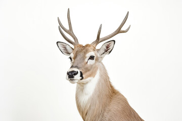 Deer with Large Antlers Looking to the Side Against a White Background