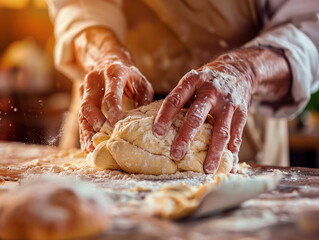 baker passionately kneading dough on a flour-dusted countertop, meticulous and artisanal, in the style of mastery, with warm and inviting tones, close-up shot, stock photo