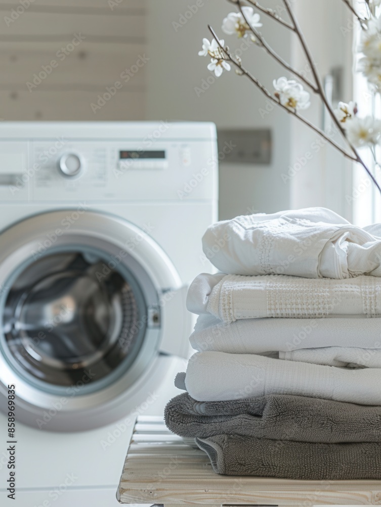 Aufkleber clean laundry is neatly folded on a table next to a white washing machine in a modern home. generati