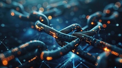 Abstract futuristic digital chain links glowing with orange and blue light.  A concept of blockchain and network security.
