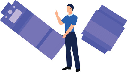 Boy is pointing at camera technology.