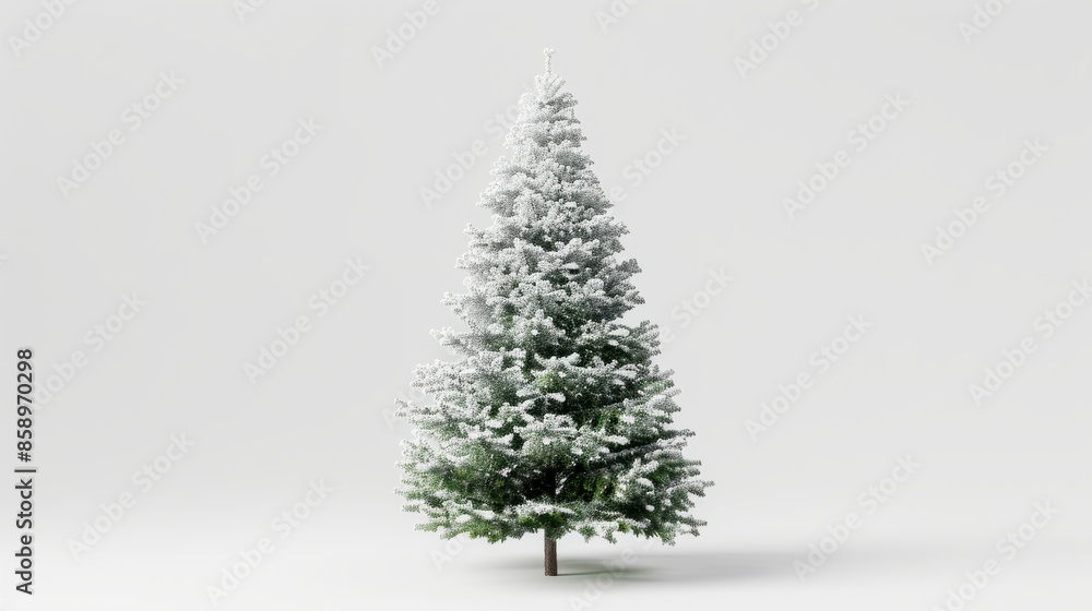 Poster An isolated image of a single pine tree, showcasing the intricate details of its snow-laden branches against a stark white backdrop. The trees evergreen needles stand out against the white snow, creat
