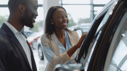 A couple explores a car at a dealership, the woman smiling while examining the vehicle with interest.