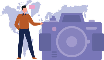 Boy showing high class camera model.