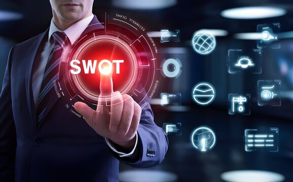 SWOT: Businessman Touching a Virtual Screen with a Holographic Text 'SWOT', Hologram, Futuristic Background, Strengths, weekneses,Opportunity, threat Digital Business Metrics Concept, Analysis
