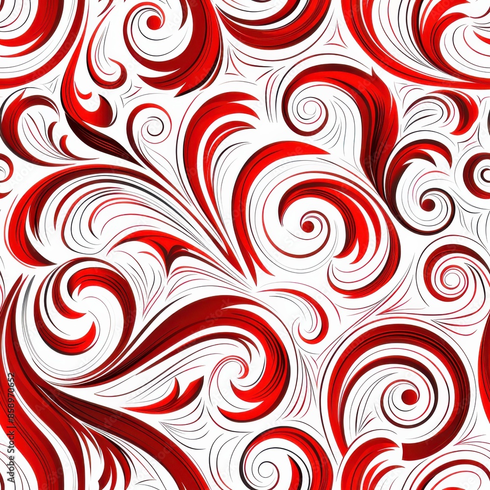 Aufkleber A digital illustration of a seamless pattern of red and black swirls on a white background. The pattern is abstract and artistic, featuring flowing, curvilinear shapes that create a dynamic and visual