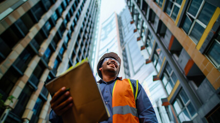 an engineer smiles happily while carrying a notebook, the background of the tall building is slightly blurred, Ai generated Images