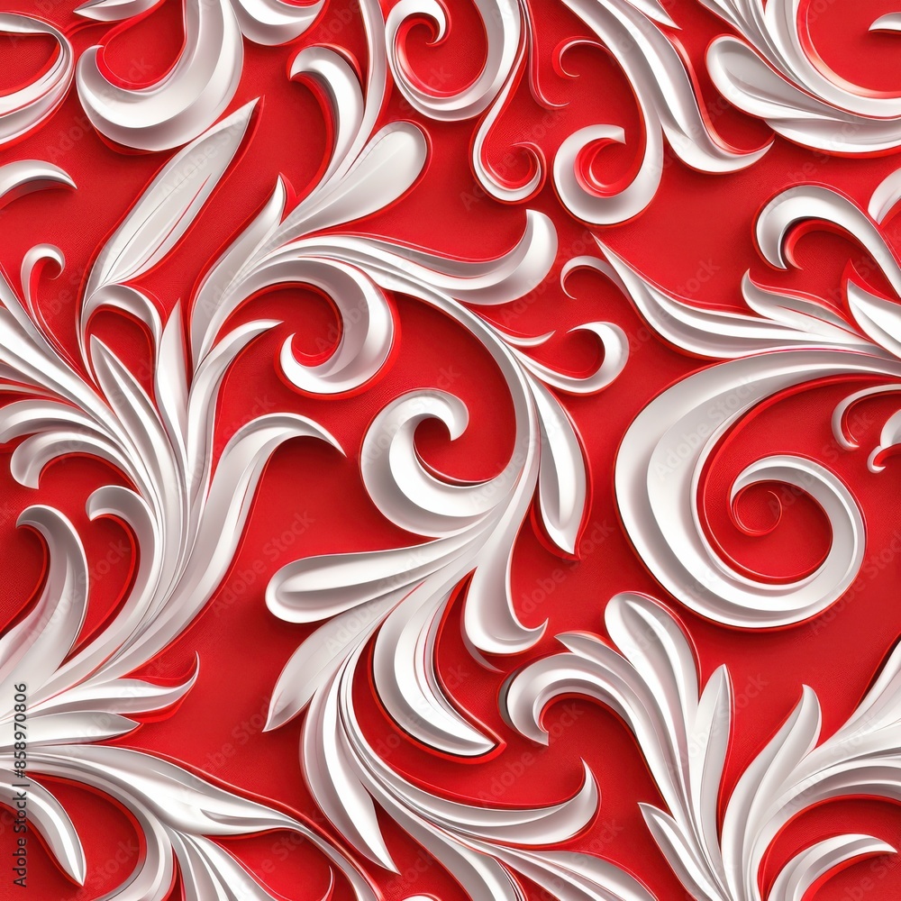 Poster A close-up image of a white filigree pattern on a red background. The intricate design features swirling leaves and curls, creating a textured and elegant effect. The image captures the detail and bea
