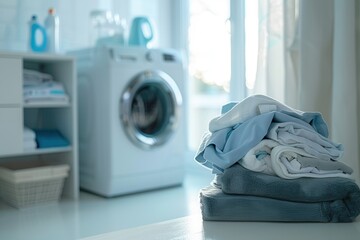 Clean, neatly folded laundry sits on a counter top in a bright laundry room. A white washing machine is in the background. Generative AI