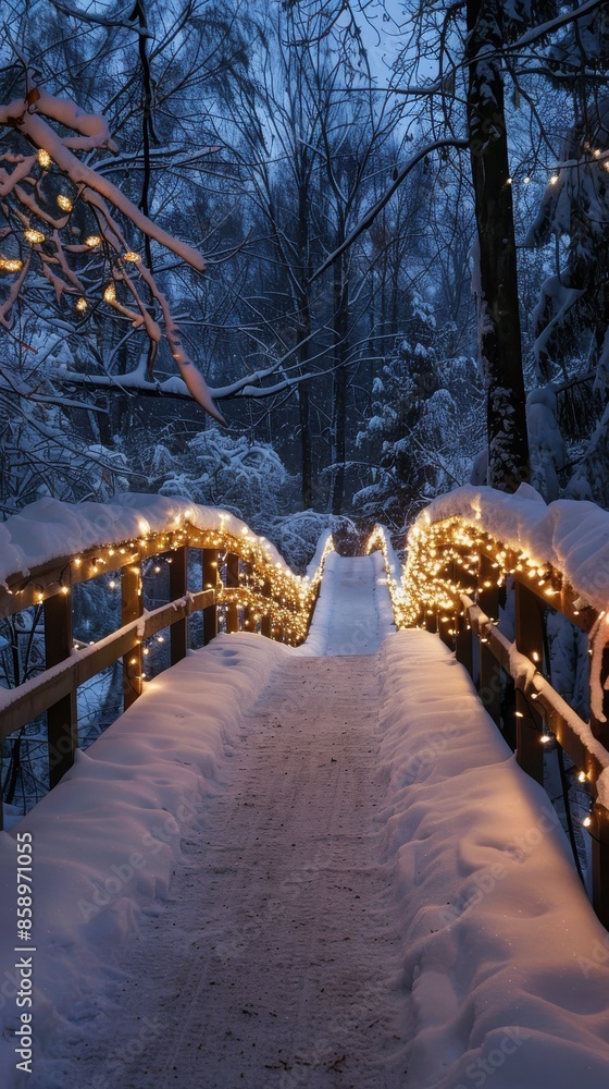 Aufkleber A wooden bridge covered in fresh snow is lit by string lights at dusk. The bridge is surrounded by tall trees covered in snow and the path ahead leads into the winter woods.