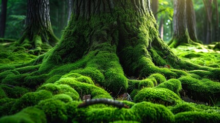 Obraz premium Nestle in the embrace of a moss-covered tree, feeling the softness of its touch and the strength of its roots grounding you to the earth.