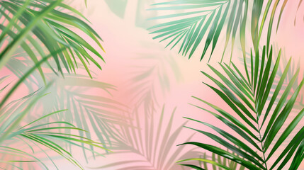 Naklejka premium Delicate palm leaves against a soft, pastel pink background, creating a serene and refreshing tropical vibe.