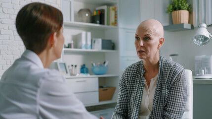 Obraz premium A serious conversation in a clinical setting between a patient with a bald head and a medical professional, highlighting medical consultation and support.