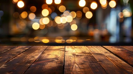 Wooden Tabletop with Blurred Festive Lights