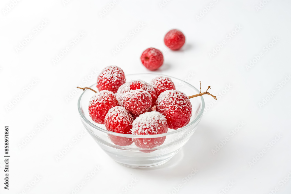 Sticker Red Berries with Sugar Coating in Glass Bowl