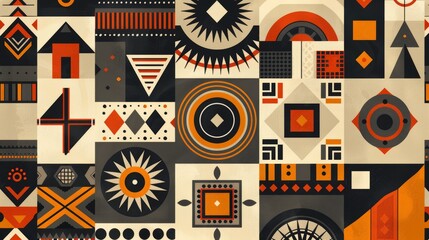 Flat design of tribal geometric patterns using earth tones, emphasizing simplicity and clean lines, with an elegant minimalistic approach