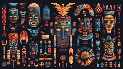 Flat illustration of tribal artifacts, bold hues, featuring ancient patterns and motifs, detailed masks, tools, and ornaments, exuding cultural heritage and history
